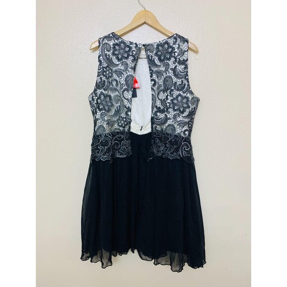 London Times Lace Open Back Tulle Mesh Cocktail Dress Size 14 Black Silver - Picture 3 of 11